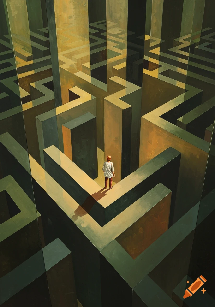 A lone adventurer stands in a vast, complex labyrinth of tall, reflective walls, in a surreal painting style.