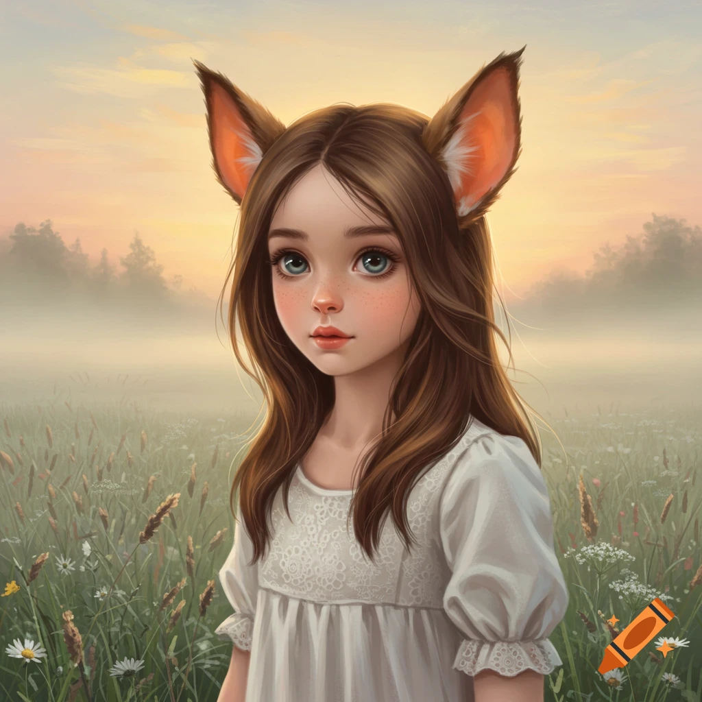 Digital painting of a young girl with brown animal ears, wearing a white dress, standing in a misty field at sunrise.