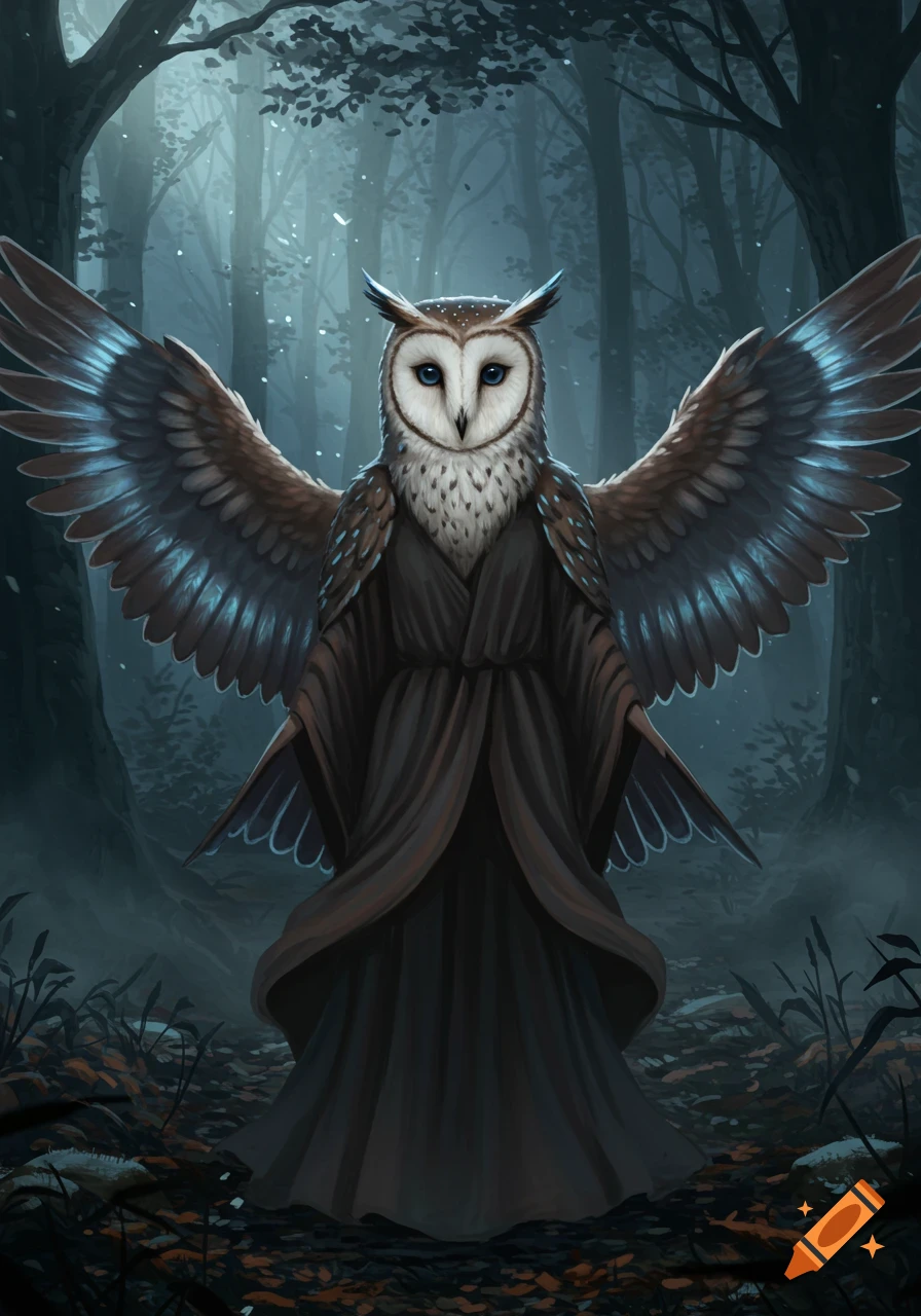 A majestic barn owl wearing a dark brown robe with outstretched wings,  standing in a mystical, foggy forest at night. on Craiyon, image size:896x1280