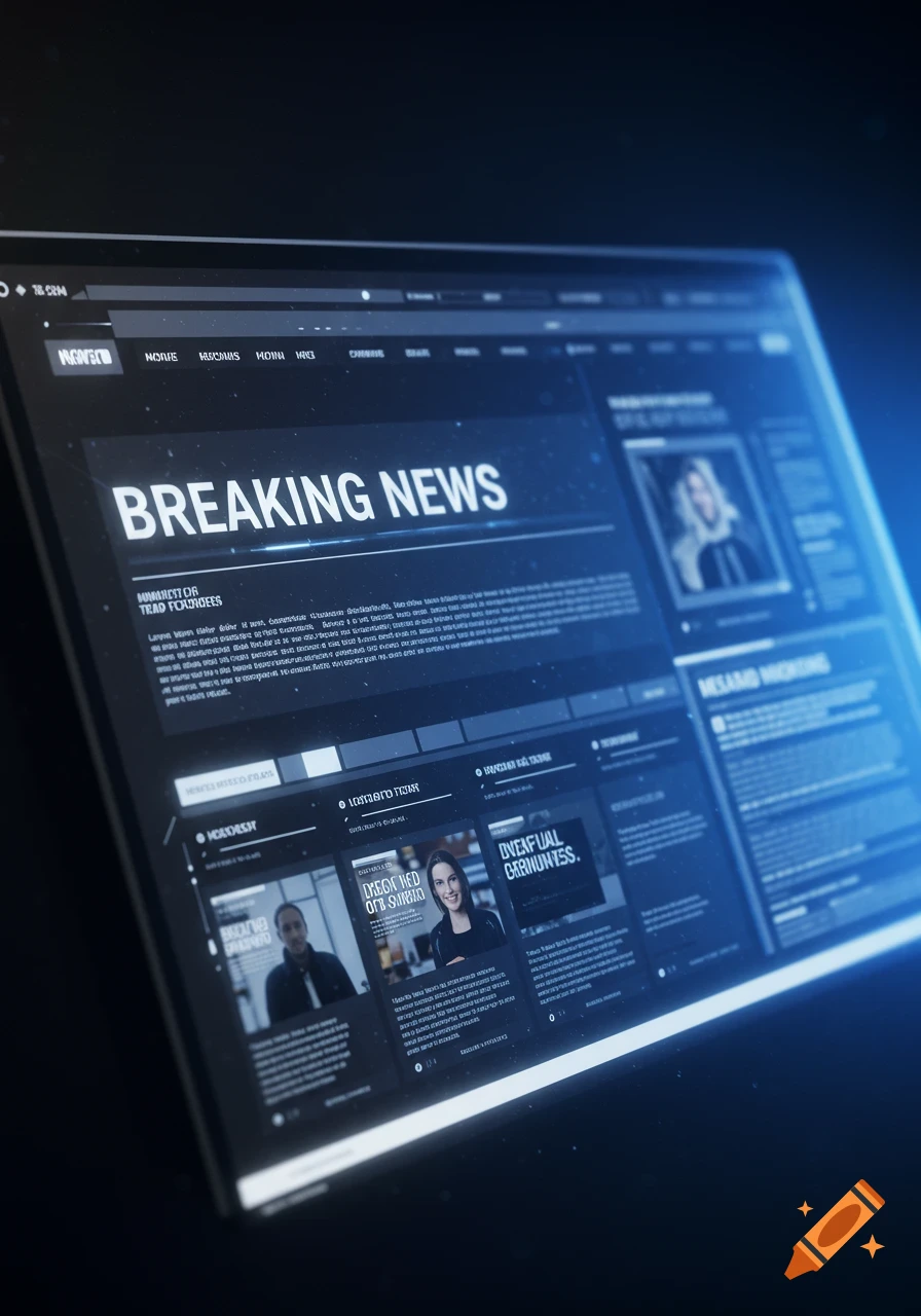 A glowing digital screen displays a news website with the prominent headline 'BREAKING NEWS' against a dark background.