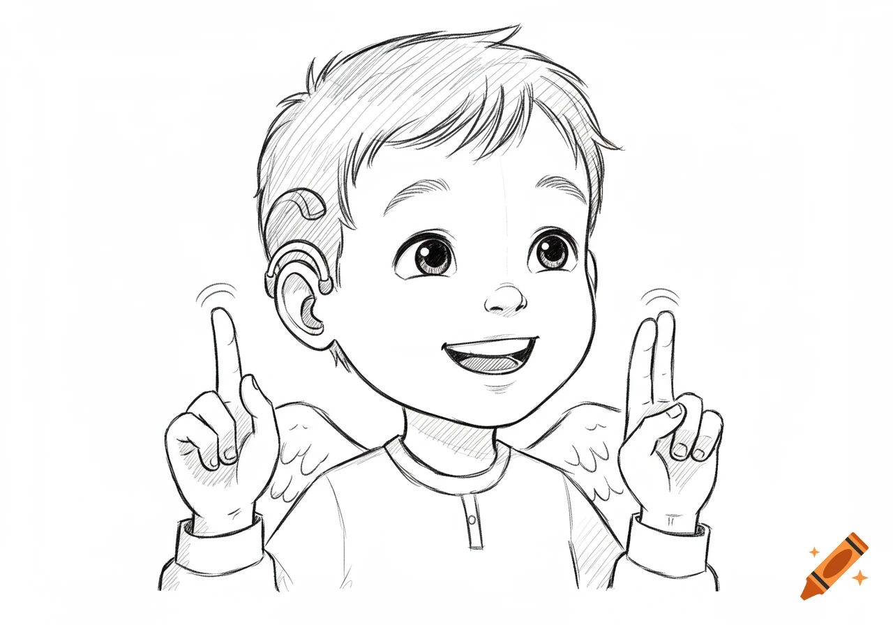 Black and white sketch of a smiling child with cochlear implants and small wings, doing sign language with both hands.