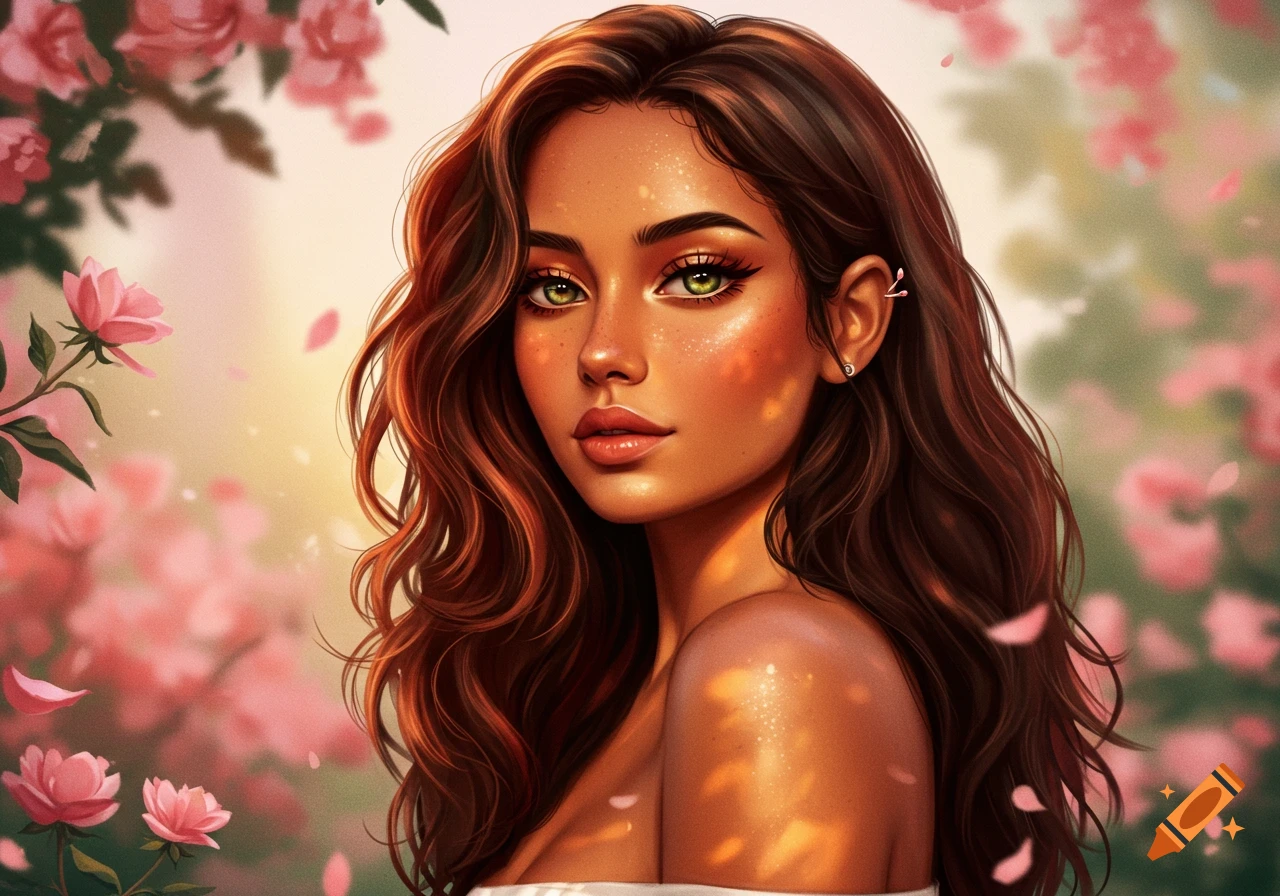 Close-up illustrative portrait of a woman with long brown hair, green eyes, and freckles, surrounded by pink flowers.