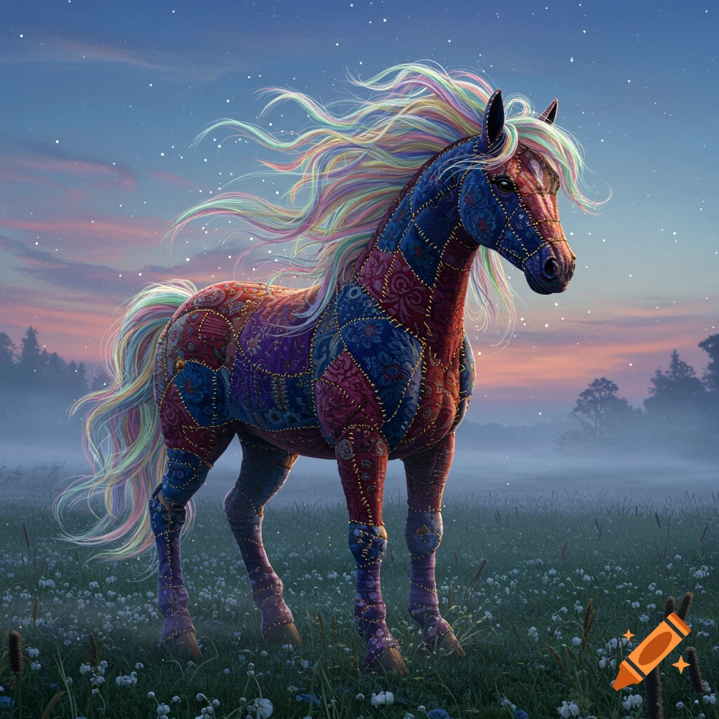 A majestic patchwork horse with a flowing rainbow mane stands in a misty, starlit field of wildflowers.