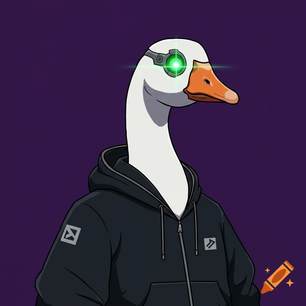 A white cartoon goose wears a black hoodie with logos and has a green glowing cybernetic eye on a purple background.