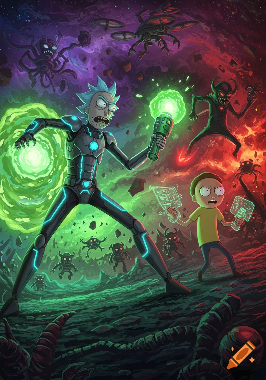 Rick in a glowing suit and Morty battle aliens and drones in a vibrant, stylized space scene with green portals.