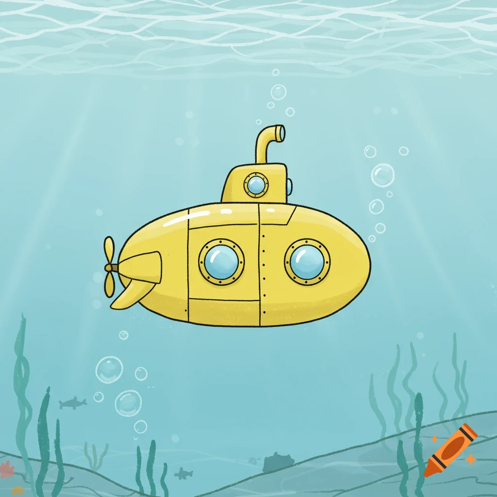 A bright yellow cartoon submarine floats underwater with bubbles, small fish, and seaweed.