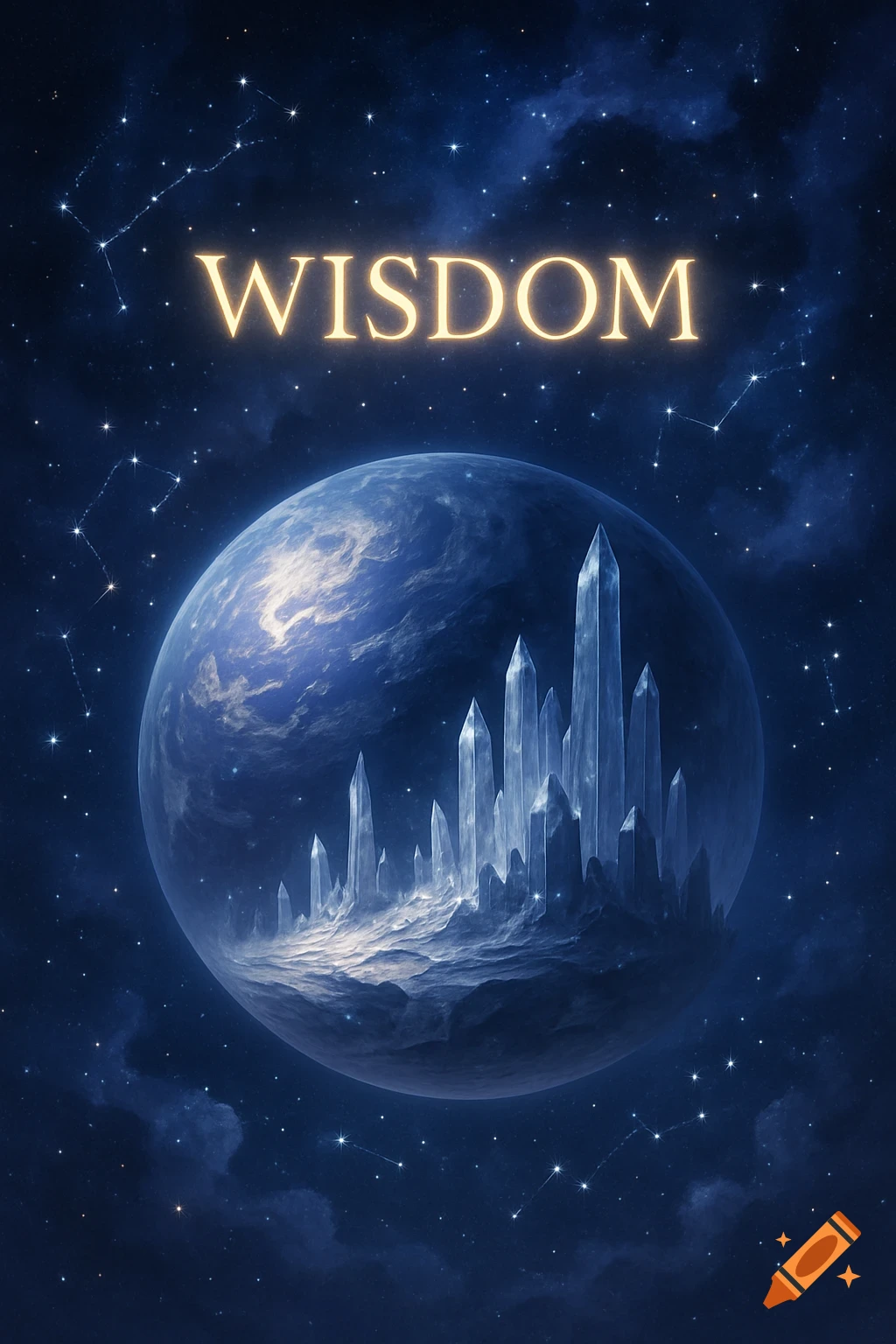 The word WISDOM floats above a blue planet with shimmering crystal formations, set against a dark starry sky with constellations.