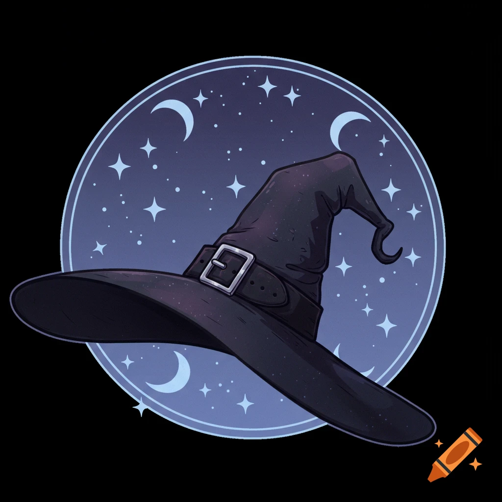 A stylized black witch hat with a buckle, set against a dark blue circular background with stars and crescent moons.