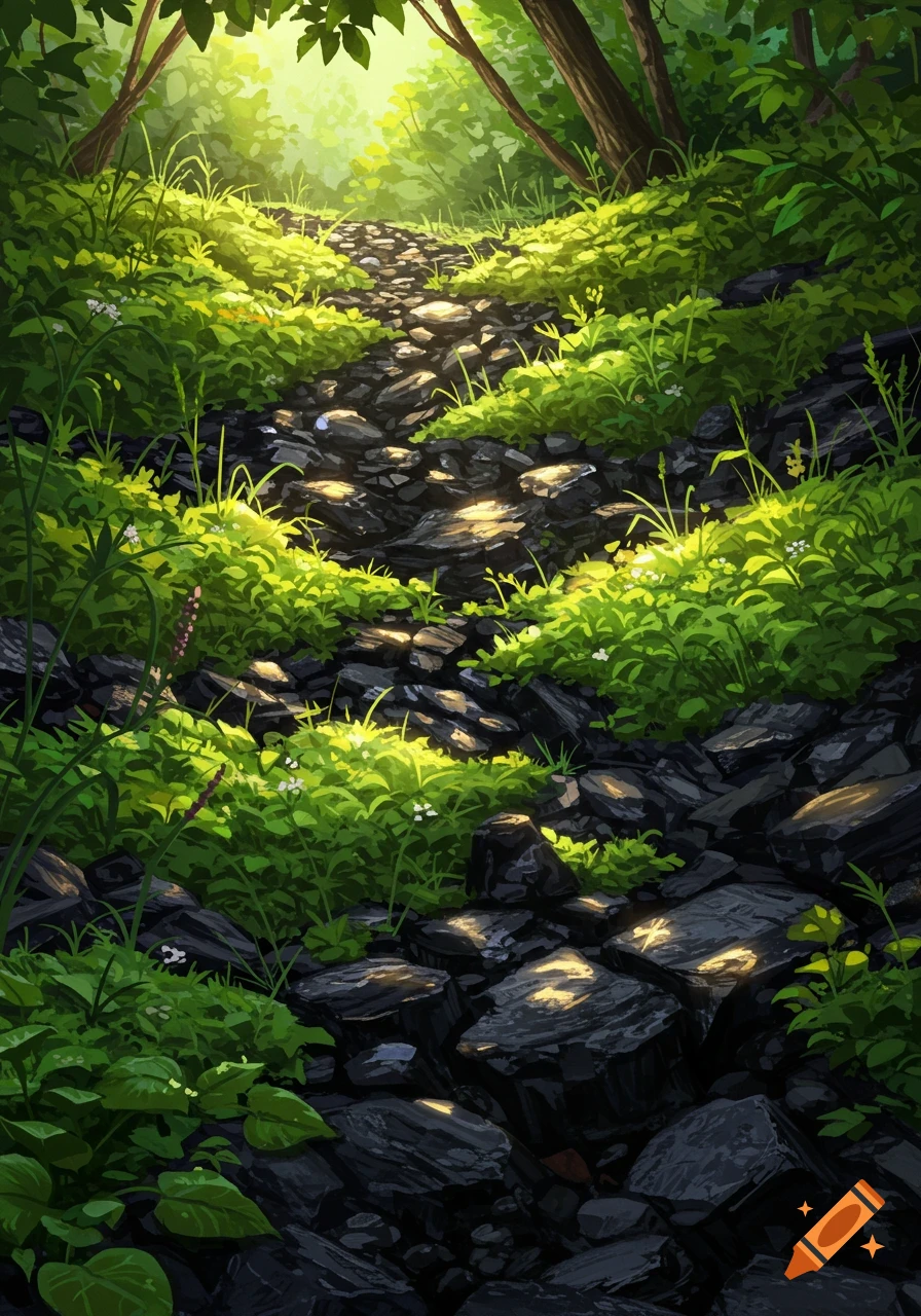 A sun-dappled rocky path winding through a vibrant, lush green forest with light filtering through the trees, in an illustrative style.