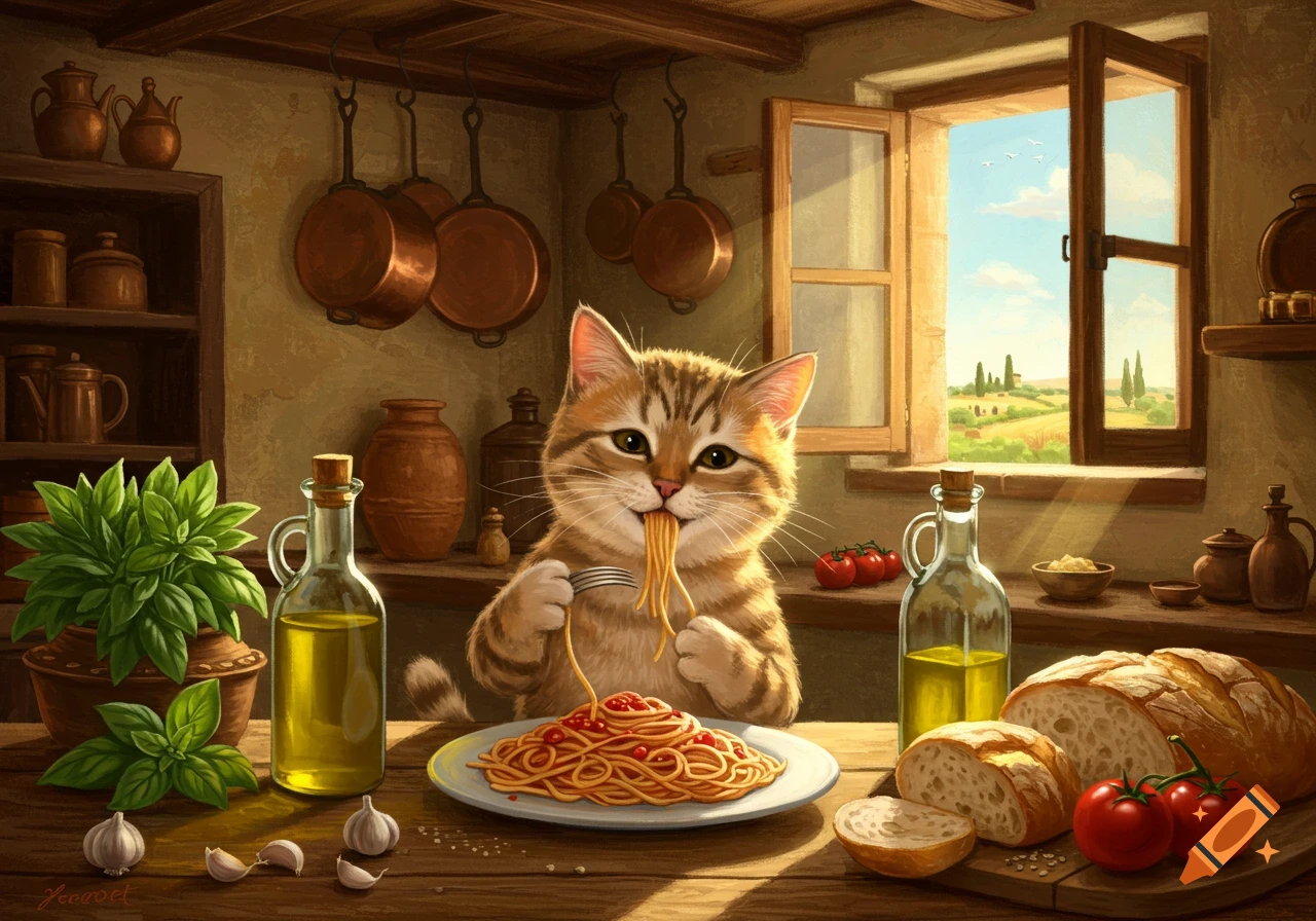 A cute tabby cat happily eats spaghetti with a fork at a rustic kitchen table with bread, olive oil, and herbs nearby, in a painterly style.