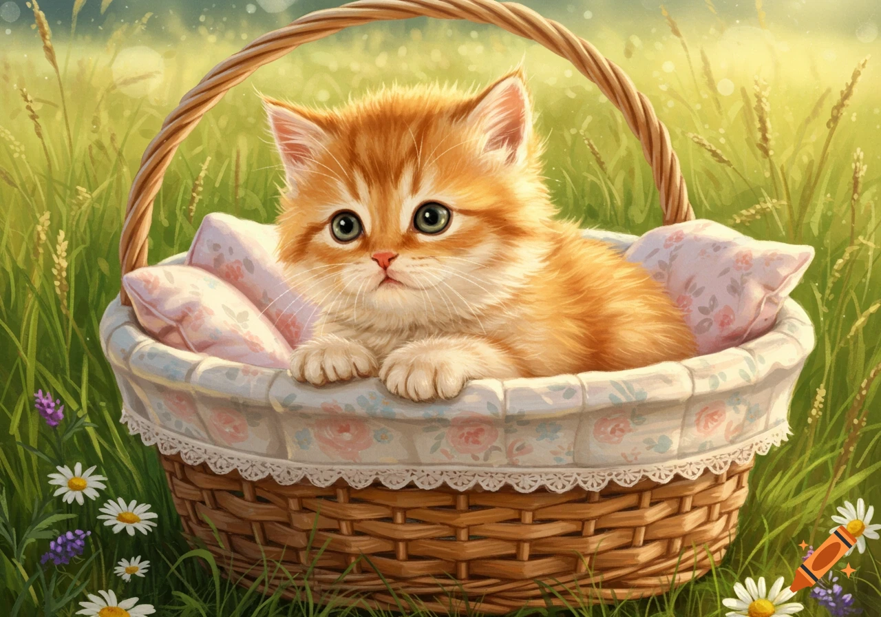 A cute orange kitten with big green eyes lies in a floral-lined wicker basket, surrounded by green grass and wildflowers in a sunny field.