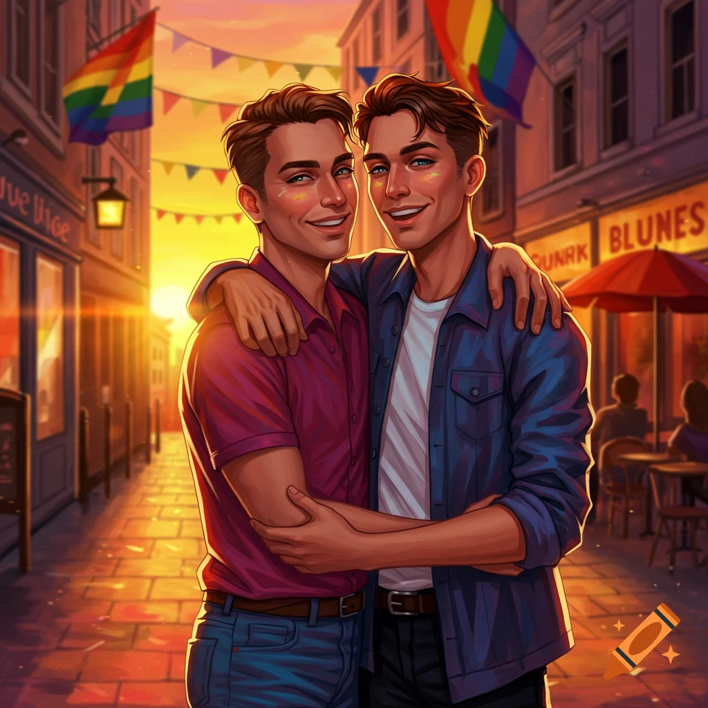 Two smiling men embrace on a vibrant city street decorated with rainbow flags at sunset, in a digital illustration style.