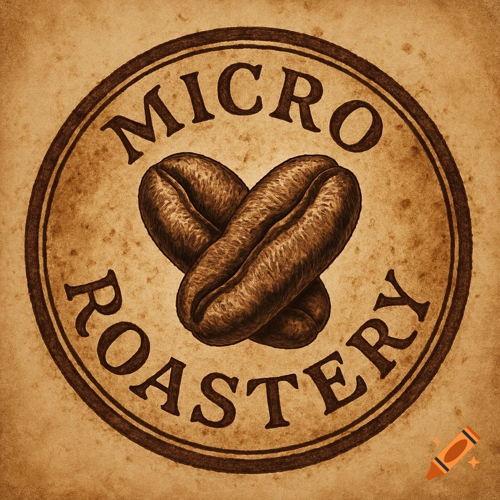 A vintage-style circular stamp logo with two crossed coffee beans in the center and 'MICRO ROASTERY' text around the edge, on a textured brown background.