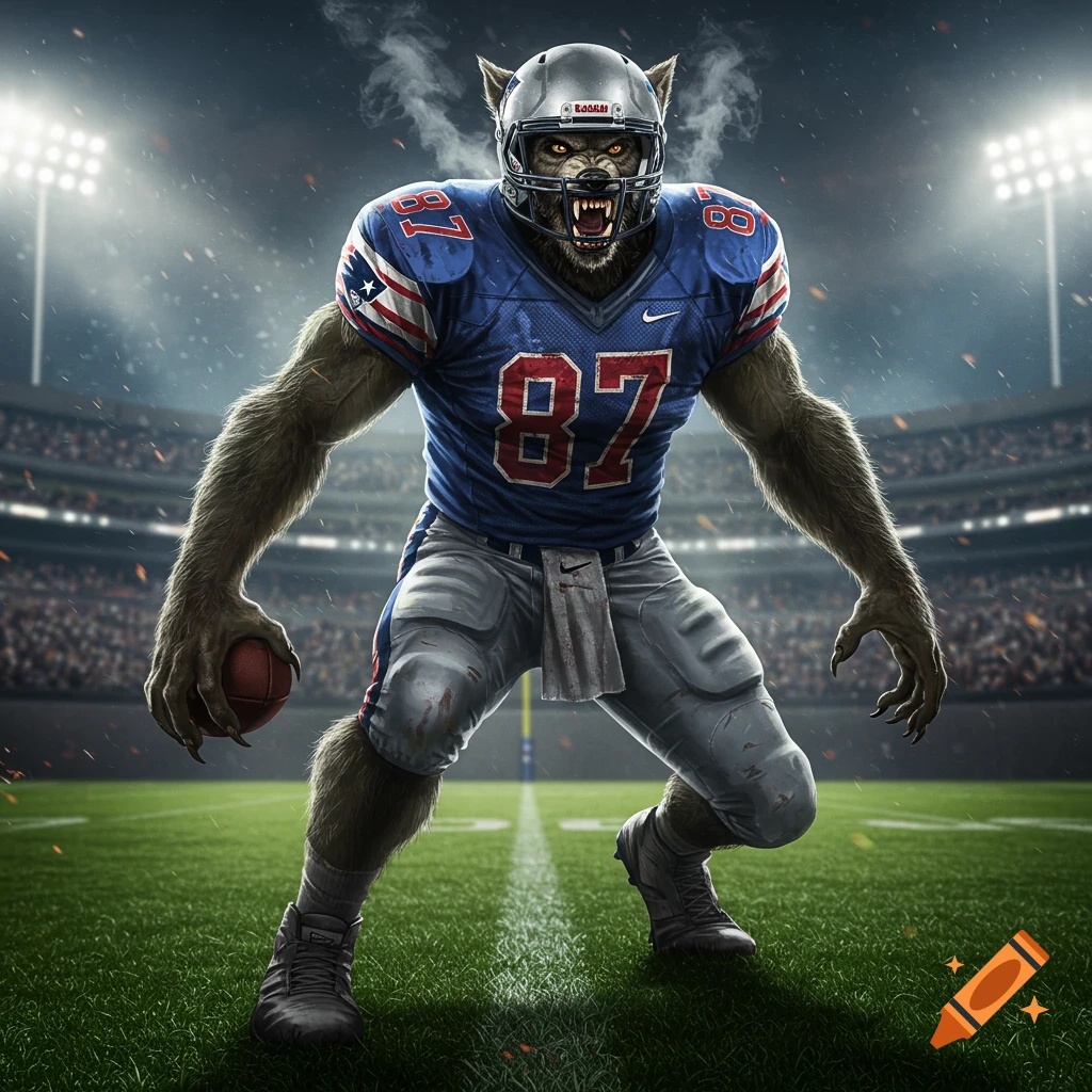 A fierce werewolf in a blue football uniform with number 87 and a helmet, holding a football on a grassy stadium field.