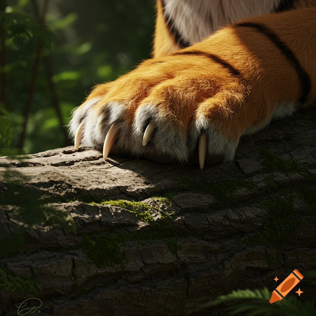 A photorealistic close-up of a tiger's paw with sharp claws resting on a mossy log in a sun-dappled forest.