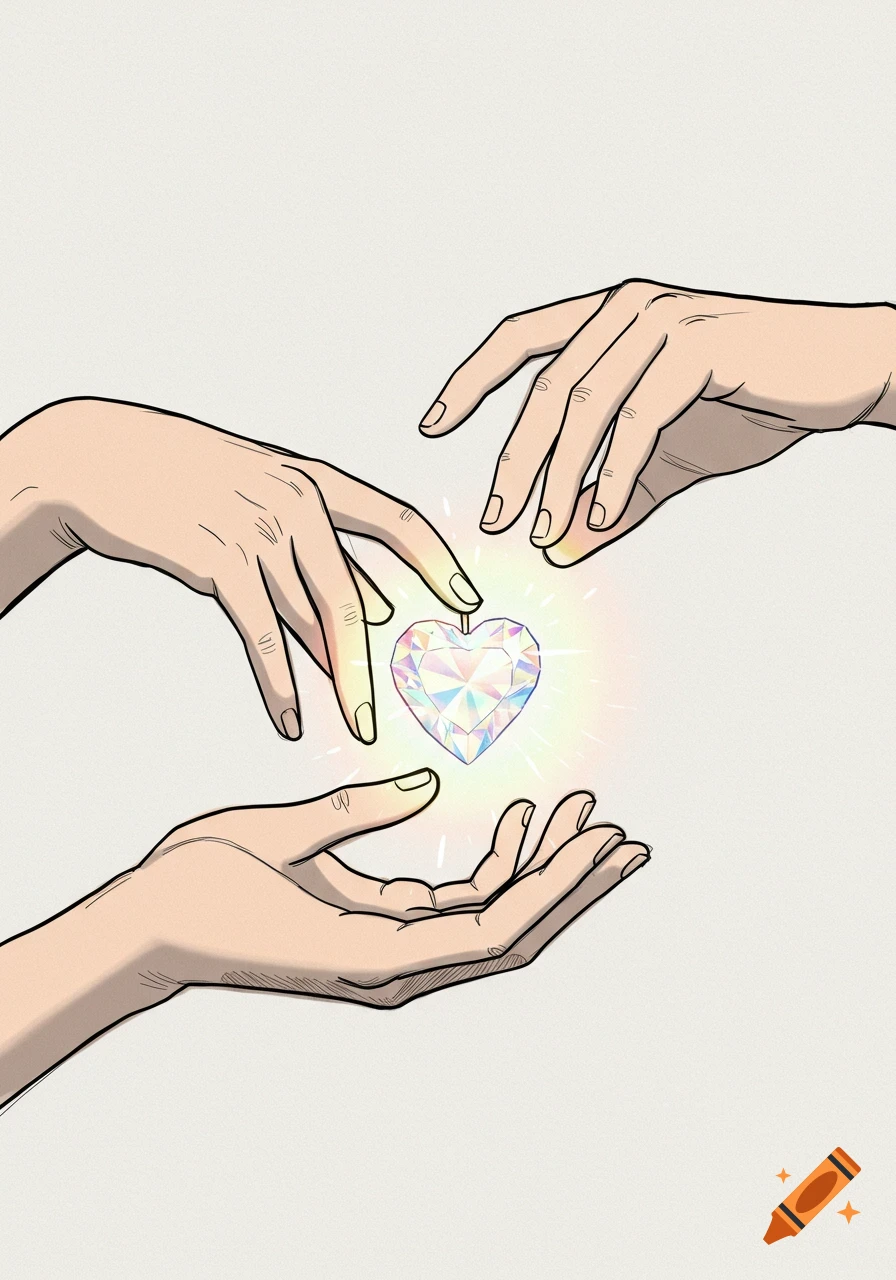 Cartoon drawing of two pairs of hands interacting with a glowing, faceted diamond heart.