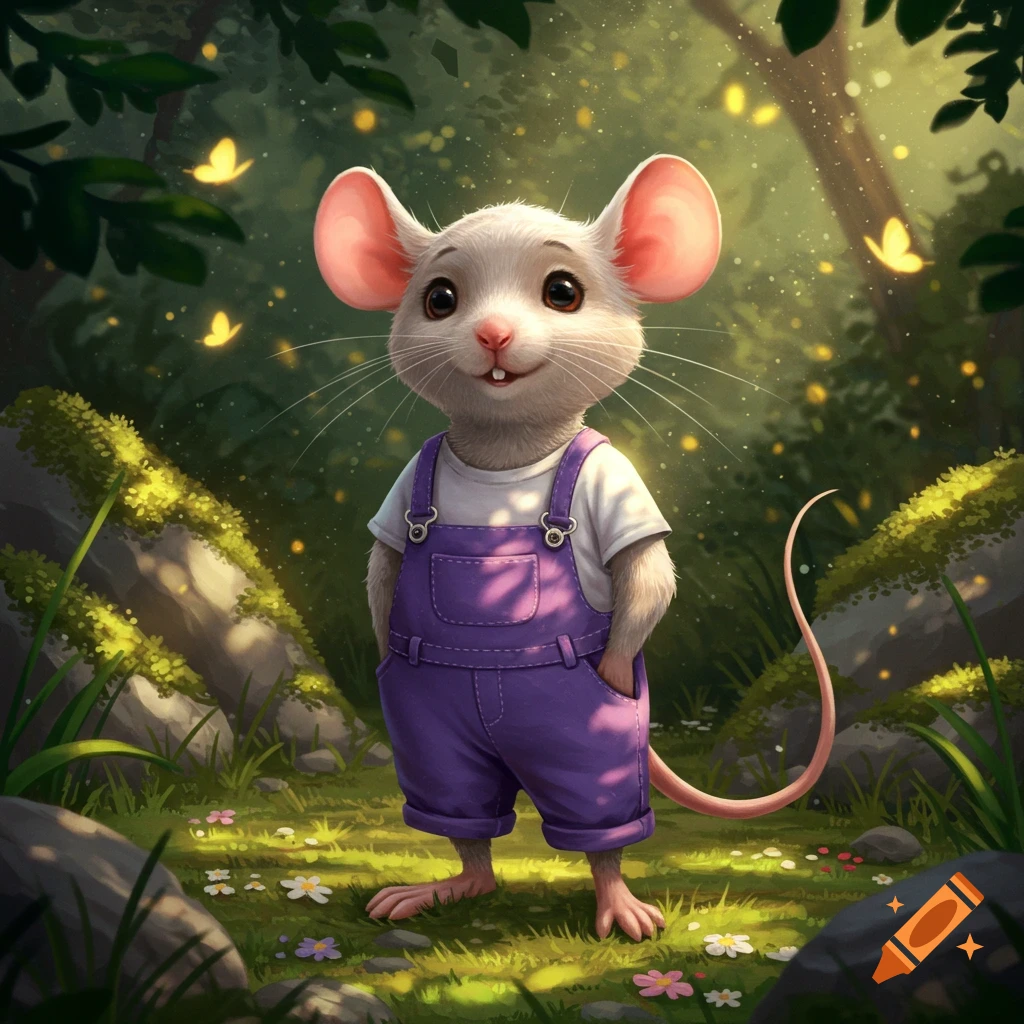 A cute white mouse in purple bib overalls stands in a whimsical, sun-dappled forest with glowing butterflies.