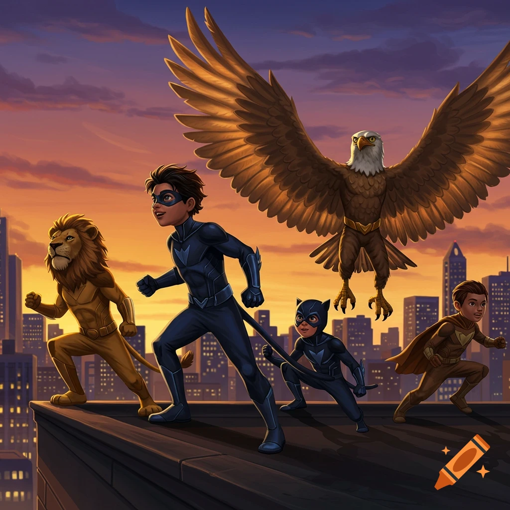 Four young superheroes in animal-themed suits, including a lion, an eagle, and a cat, run on a city rooftop at sunset.