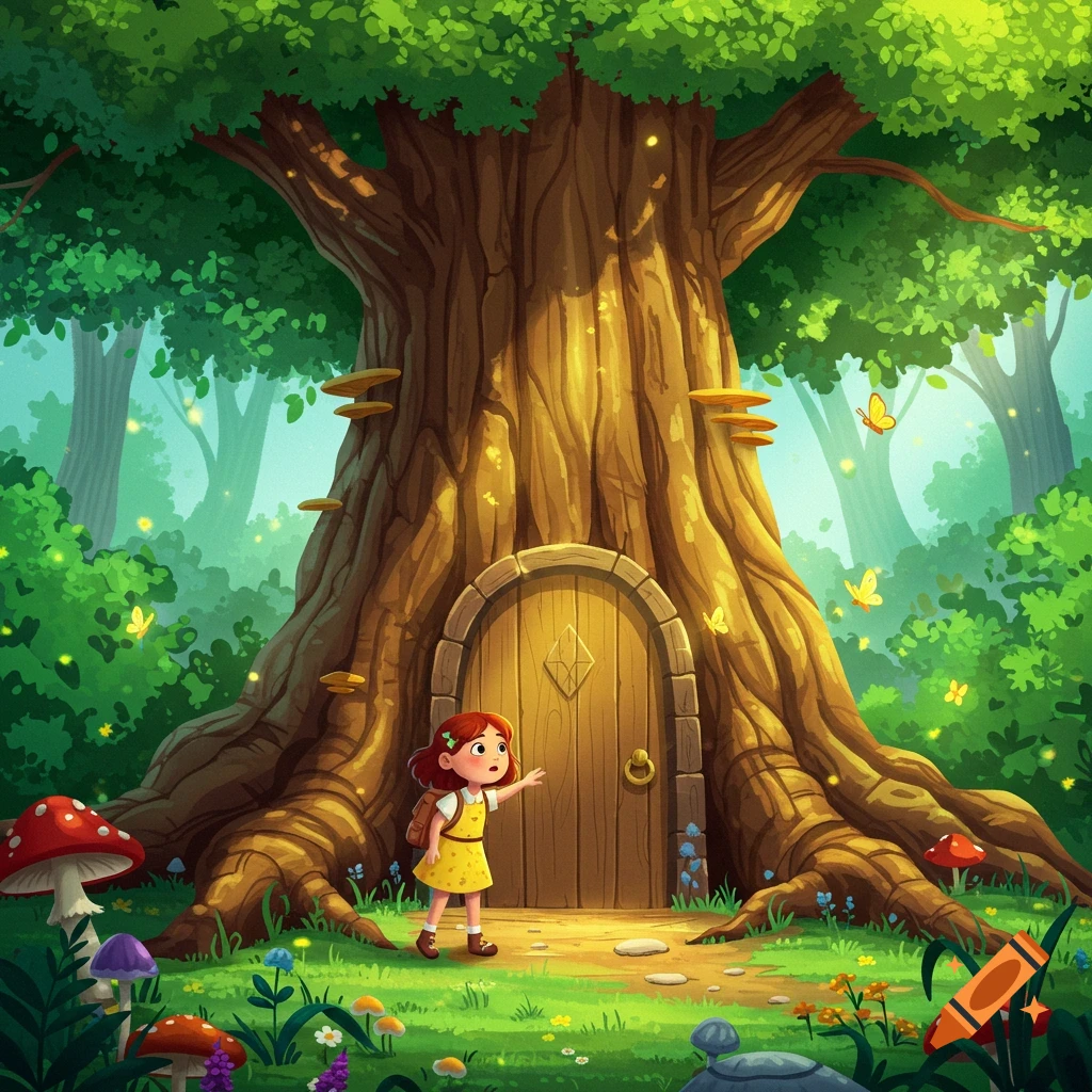 A cartoon girl in a yellow dress discovers a small door at the base of a huge oak tree in a magical forest with mushrooms.