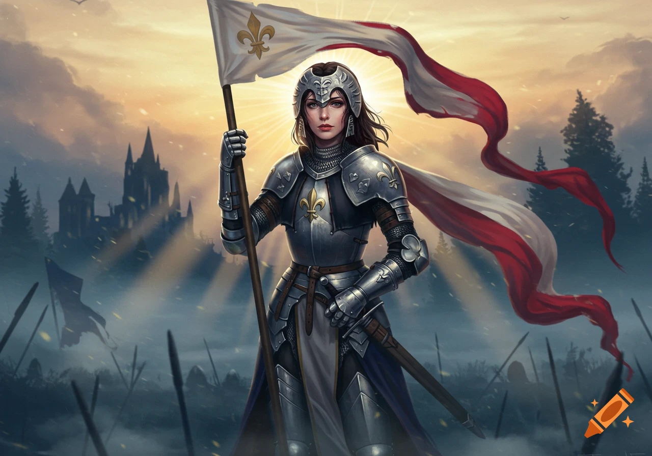 A female knight in shining armor holds a white flag with a gold fleur-de-lis on a misty battlefield with a castle at sunrise.