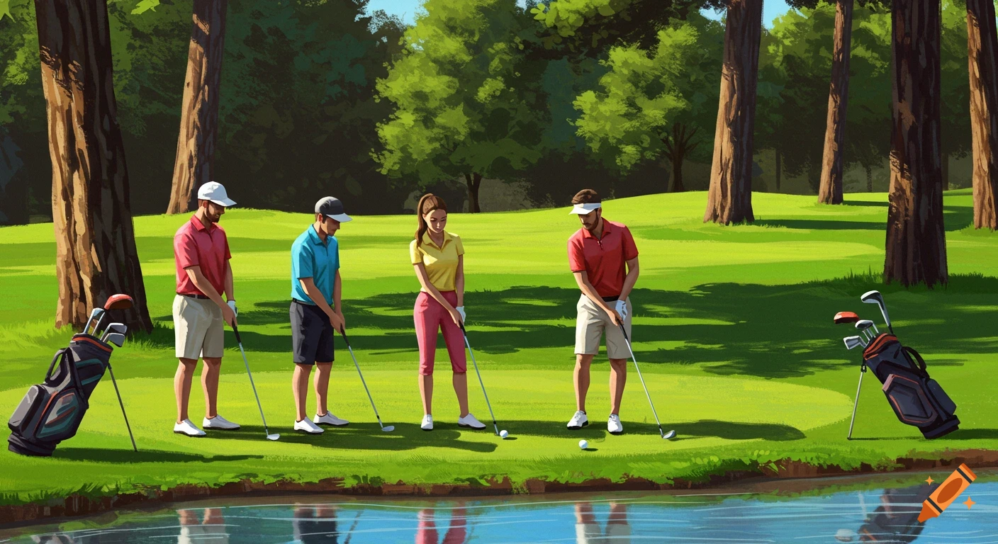 Four friends play golf on a sunny course with tall trees, a water hazard, and golf bags in an illustrated style.