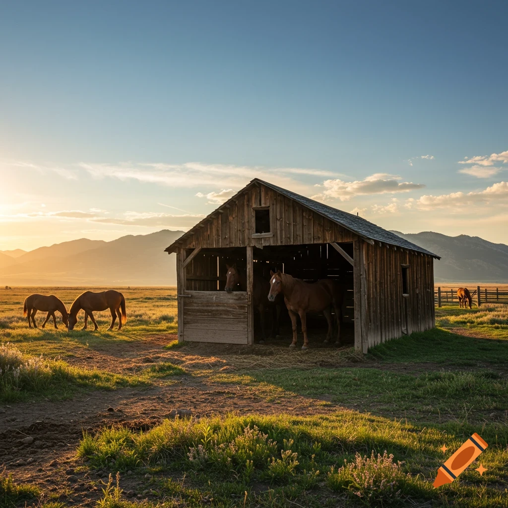Photorealistic scene of horses near a wooden barn with mountains in the background during sunset.