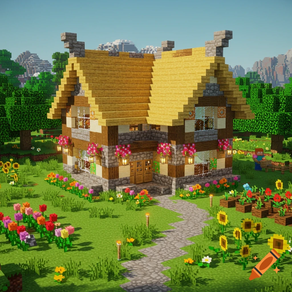 A charming blocky Minecraft house with a yellow thatched roof, colorful garden, stone path, and sunflowers under a clear sky.