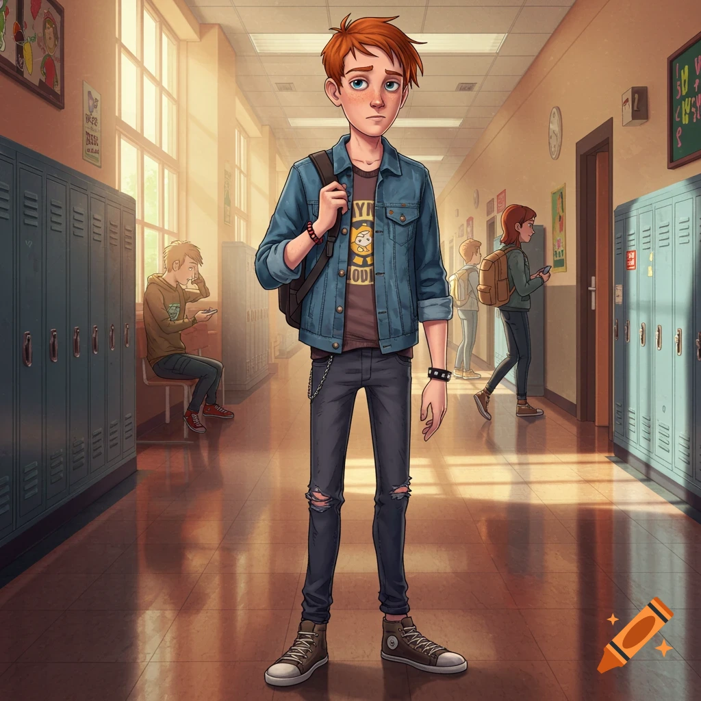 A red-haired teenage boy with a backpack stands in a school hallway, animated style.