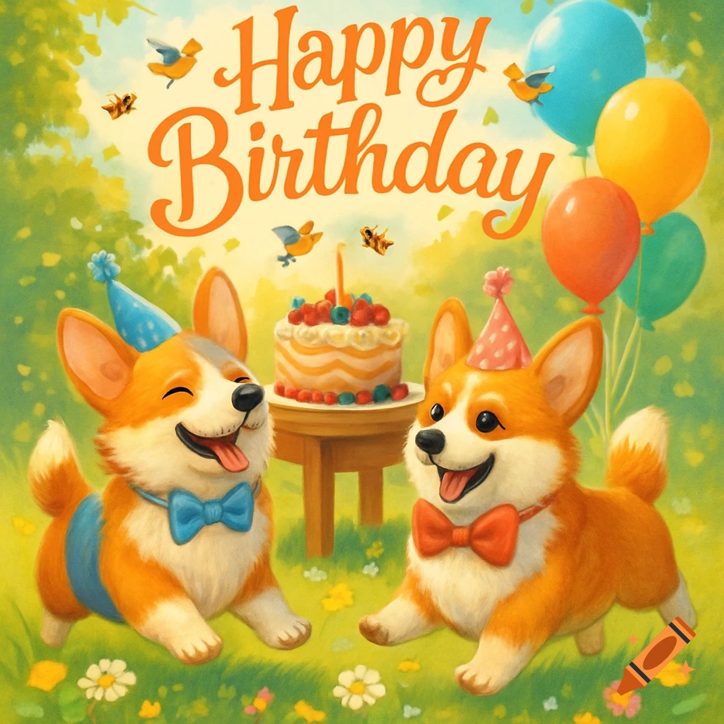 Two happy cartoon corgi dogs wearing party hats and bowties in a park with balloons, a birthday cake, birds, and 'Happy Birthday' text.