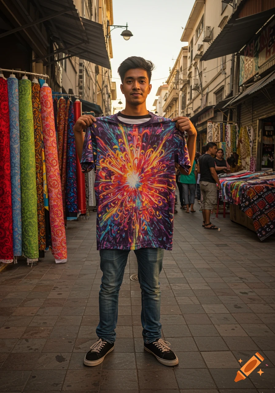 A young man stands in a market street, holding up a vibrant, abstract-patterned t-shirt.