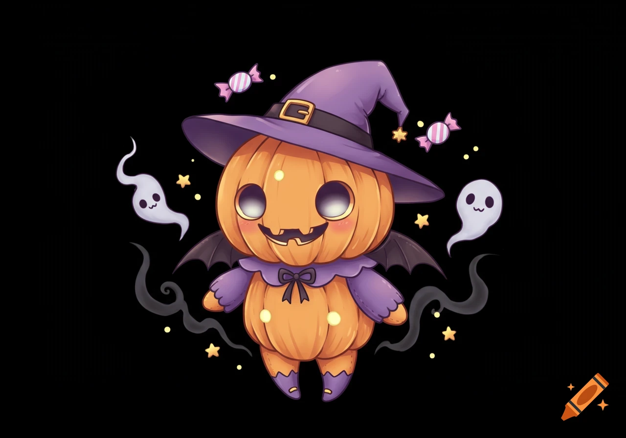 A cute, cartoony Halloween pumpkin wearing a witch hat and bat wings, surrounded by ghosts, candy, and stars on a black background.