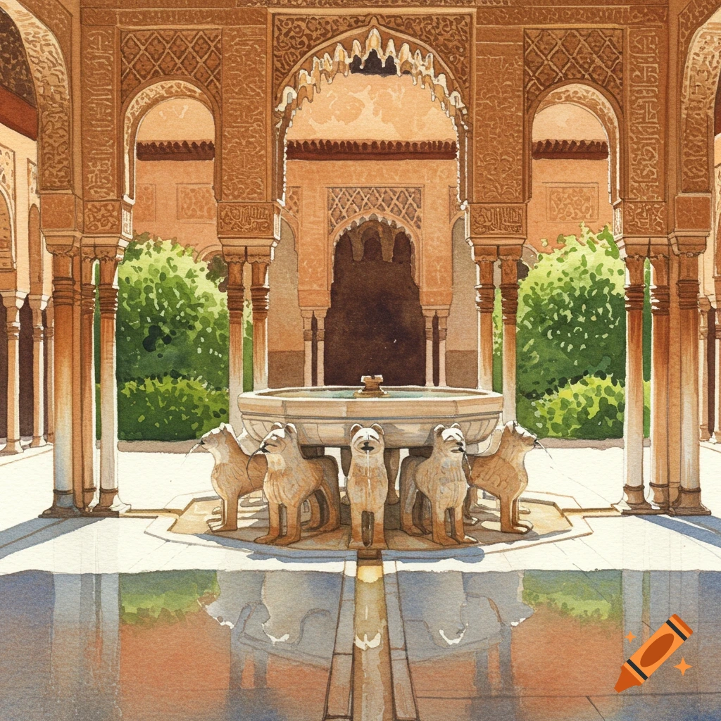 Watercolor illustration of the Court of the Lions in the Alhambra, Granada, featuring a central fountain surrounded by lion statues within an ornate archway courtyard.