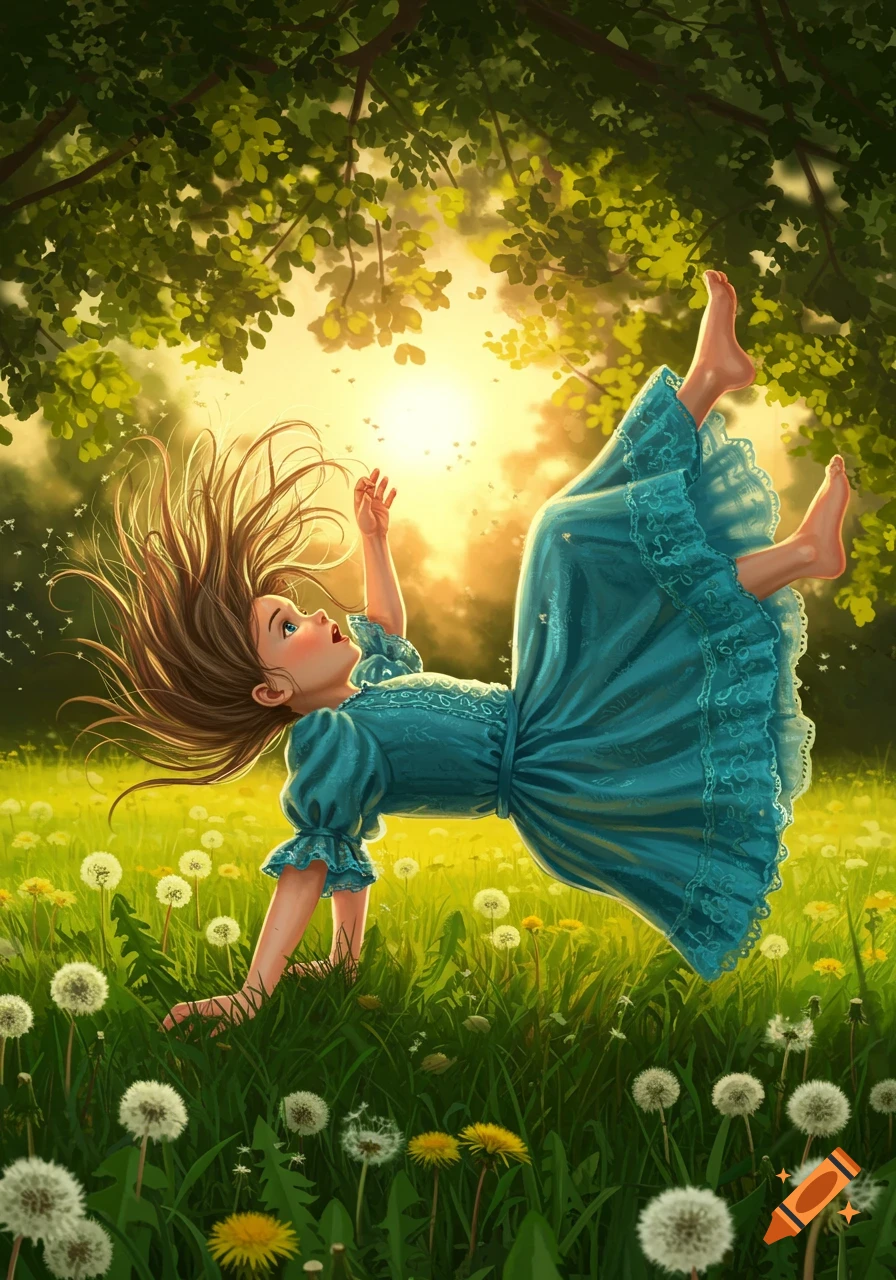 Vibrant illustration of a young girl with flowing brown hair falling into a sunny green field filled with dandelions, under green trees.