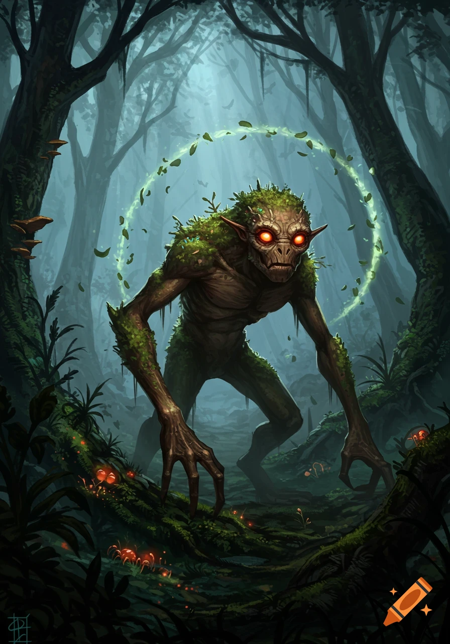 A gaunt, moss-covered creature with glowing red eyes and sharp claws stands in a dark, misty forest, encircled by glowing leaves. Digital painting.