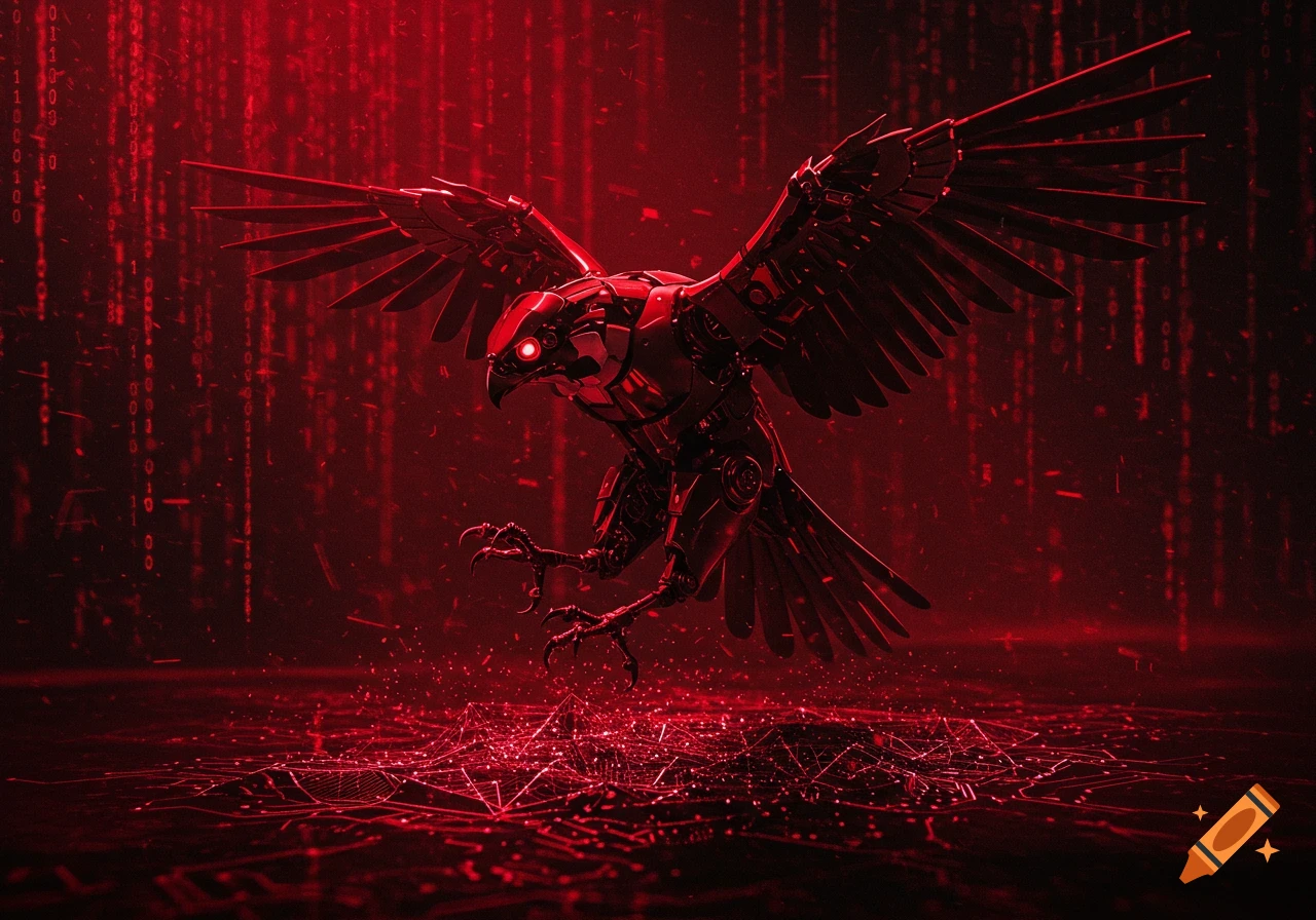 A dark, red-lit image of a robotic falcon with glowing red eyes, wings spread, surrounded by digital binary code and circuit patterns.