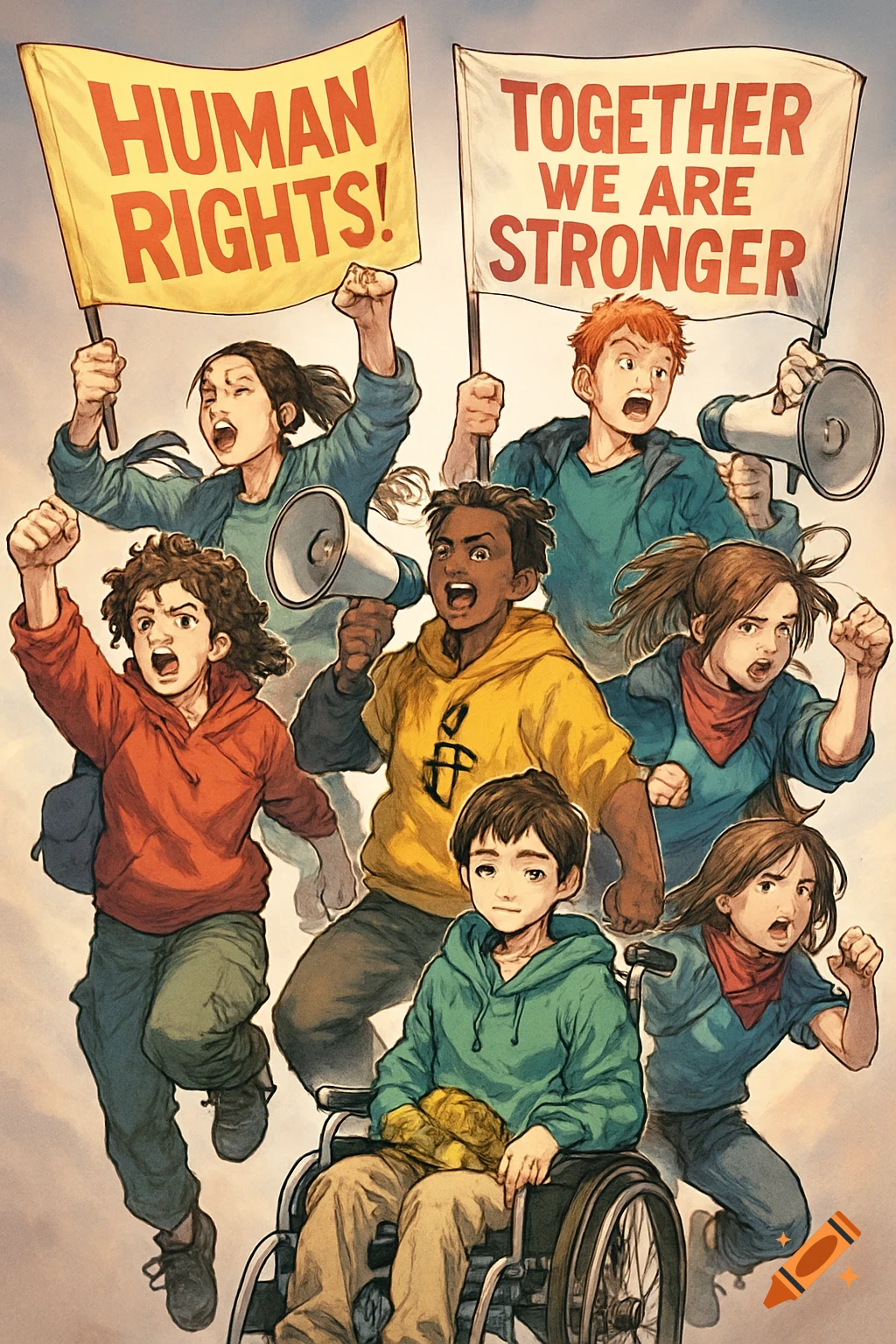 Seven diverse young activists in anime style, some floating, hold 'Human Rights!' and 'Together We Are Stronger' banners; one in a wheelchair has a turtle.