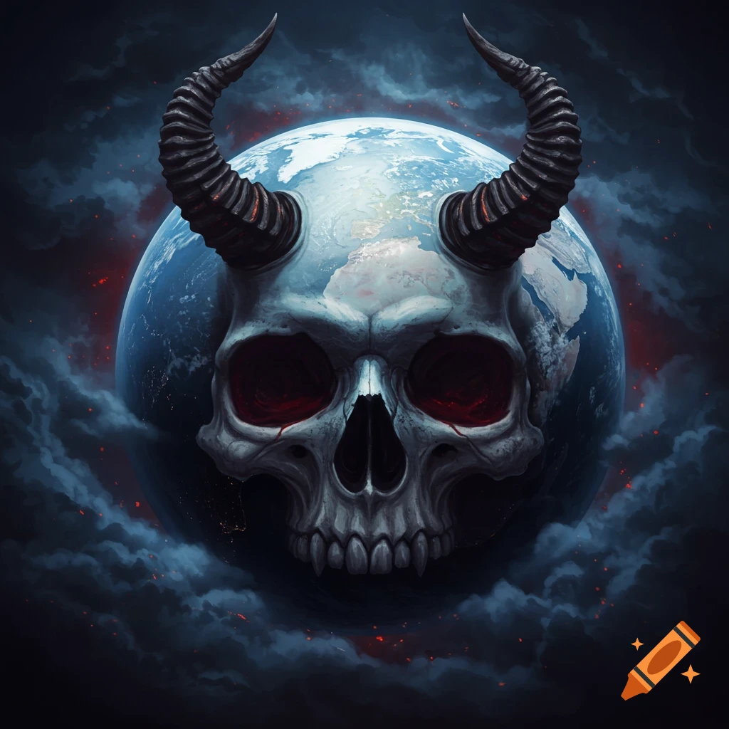 Earth depicted as a skull with devil horns and red eyes, surrounded by dark, stormy clouds and glowing embers.