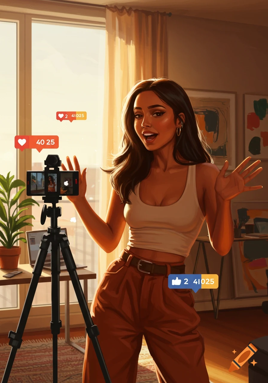 Smiling brunette woman influencer filming a video on a smartphone with social media like bubbles, illustration.