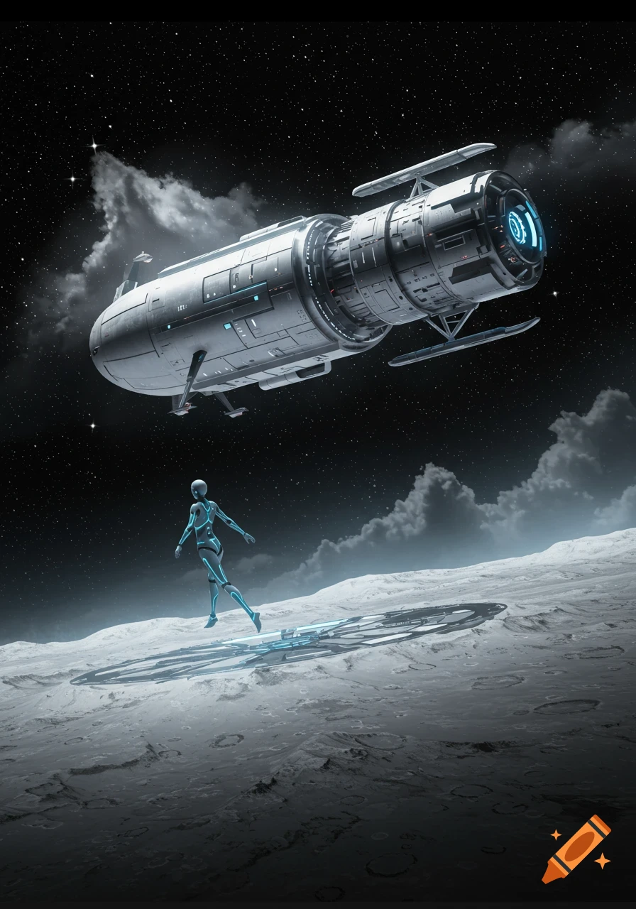 An android floats near a large spaceship hovering above a cratered moon surface, under a star-filled sky.