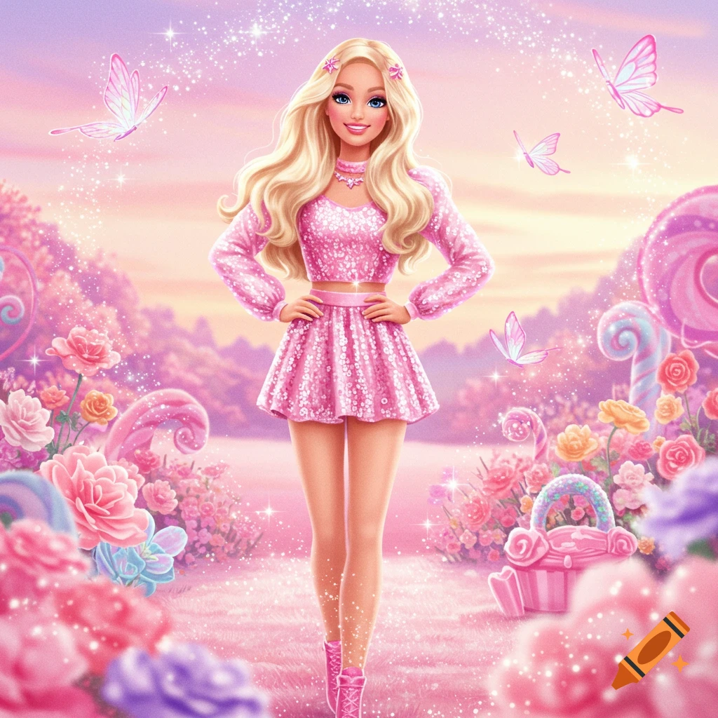 A blonde doll in a sparkly pink outfit stands in a whimsical pink fairytale garden with flowers, butterflies, and lollipops.