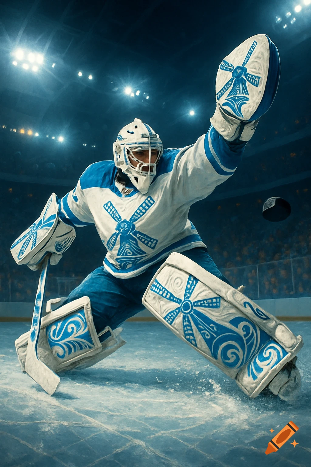 A hockey goalie in a blue and white uniform with stylized windmill patterns makes a save on an icy rink under bright arena lights.