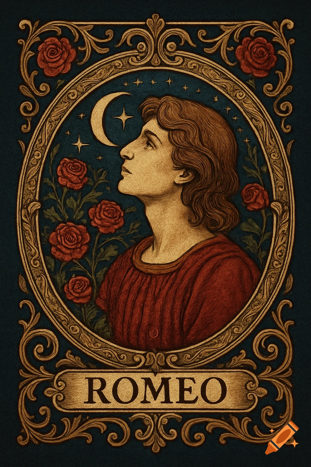 Vintage illustration of a young man, Romeo, looking up, framed by ornate gold scrollwork, red roses, a crescent moon, and stars. The name ROMEO is on a banner.
