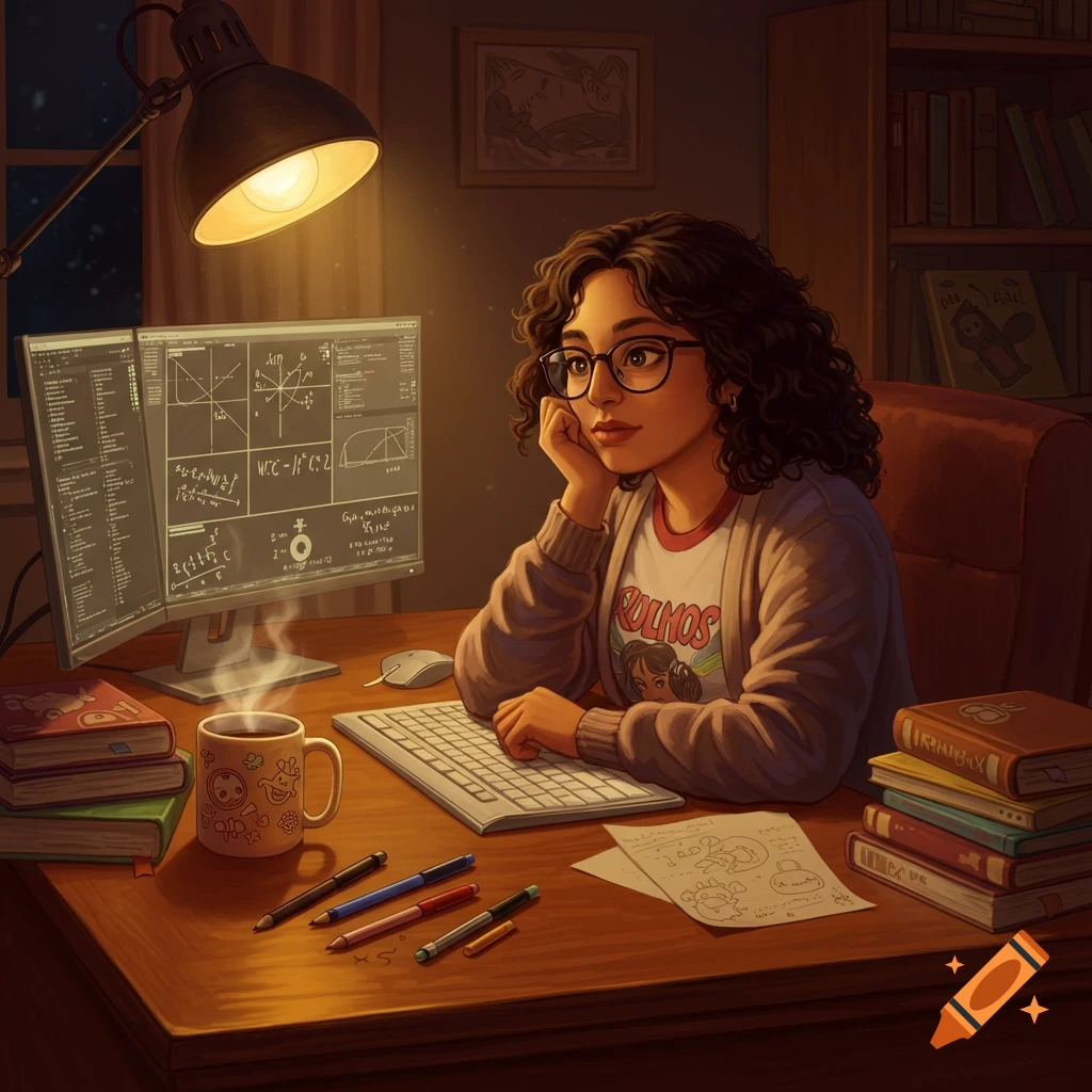 A nerdy Latina woman with curly hair and glasses sits at a desk in a dimly lit room, looking thoughtfully at a computer monitor displaying equations and code. A desk lamp illuminates her, a steaming mug, keyboard, and books.