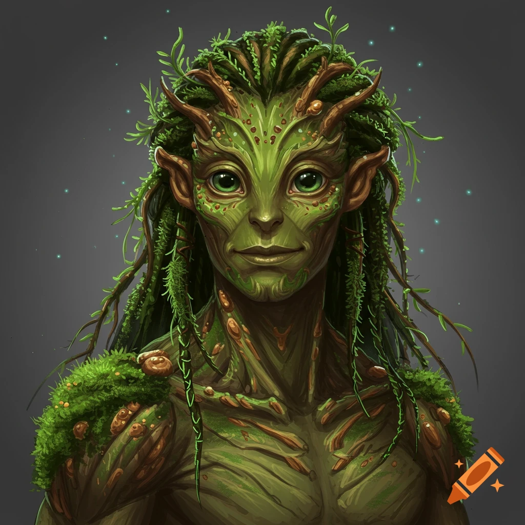 Close-up digital painting of a green-skinned plant-like humanoid with bark texture, moss, leaves, and vine-like hair. It has large green eyes.