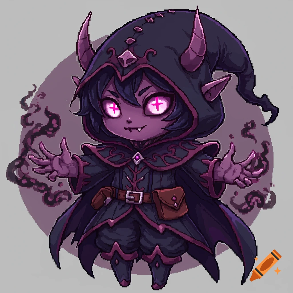 Chibi pixel art fantasy character, a dark elf with horns, fangs, glowing pink eyes, and a hooded robe, casting magic.