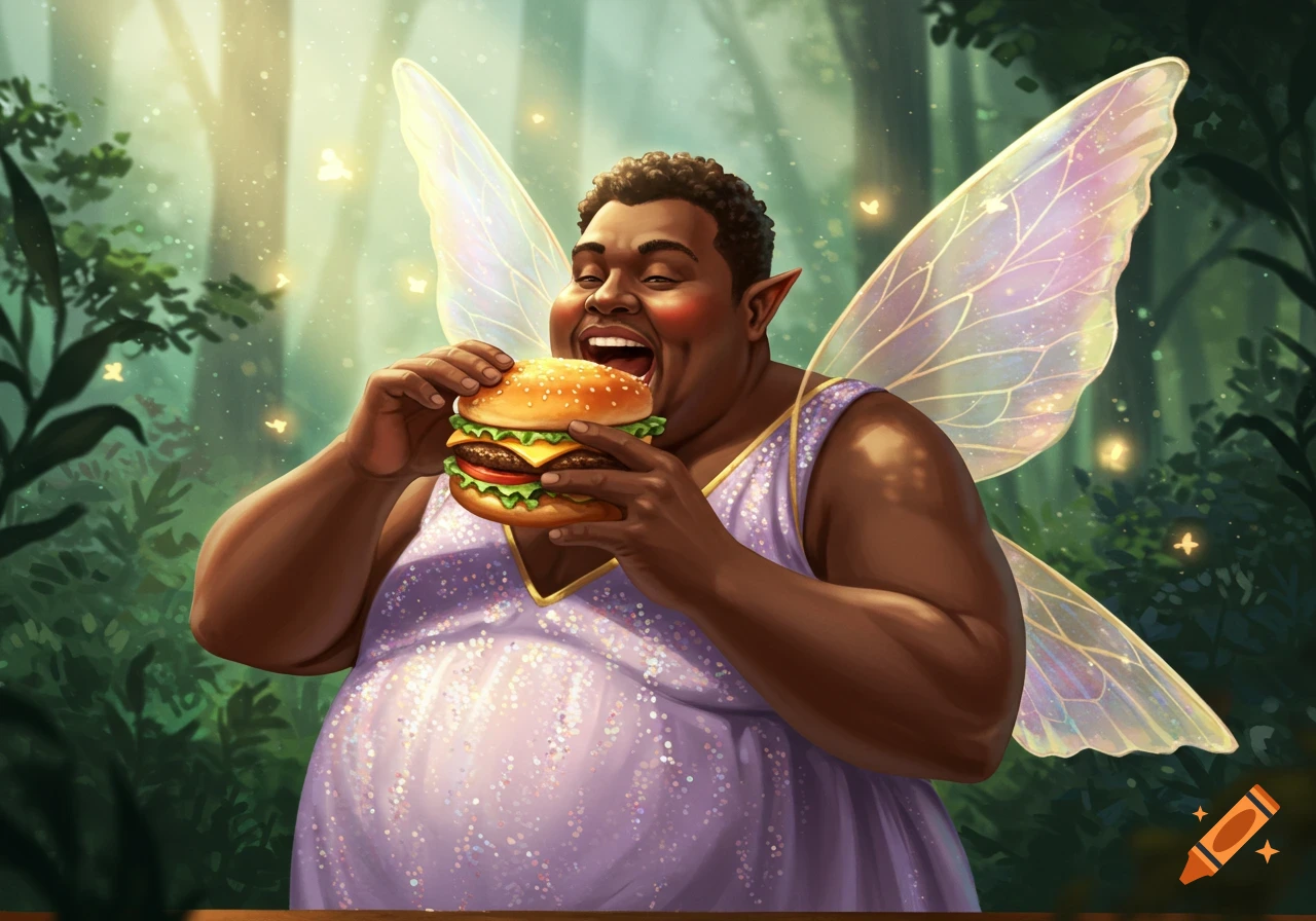 A happy, plump Black man dressed as a fairy with iridescent wings, in a sparkling lavender gown, eats a large cheeseburger in an enchanted forest.