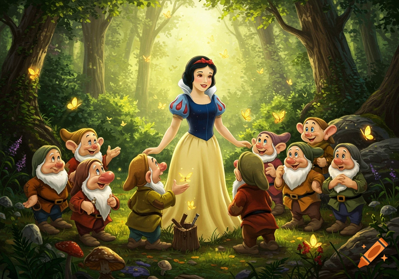 Snow White and the seven dwarfs gather in a vibrant, sunlit forest, with butterflies fluttering around them.
