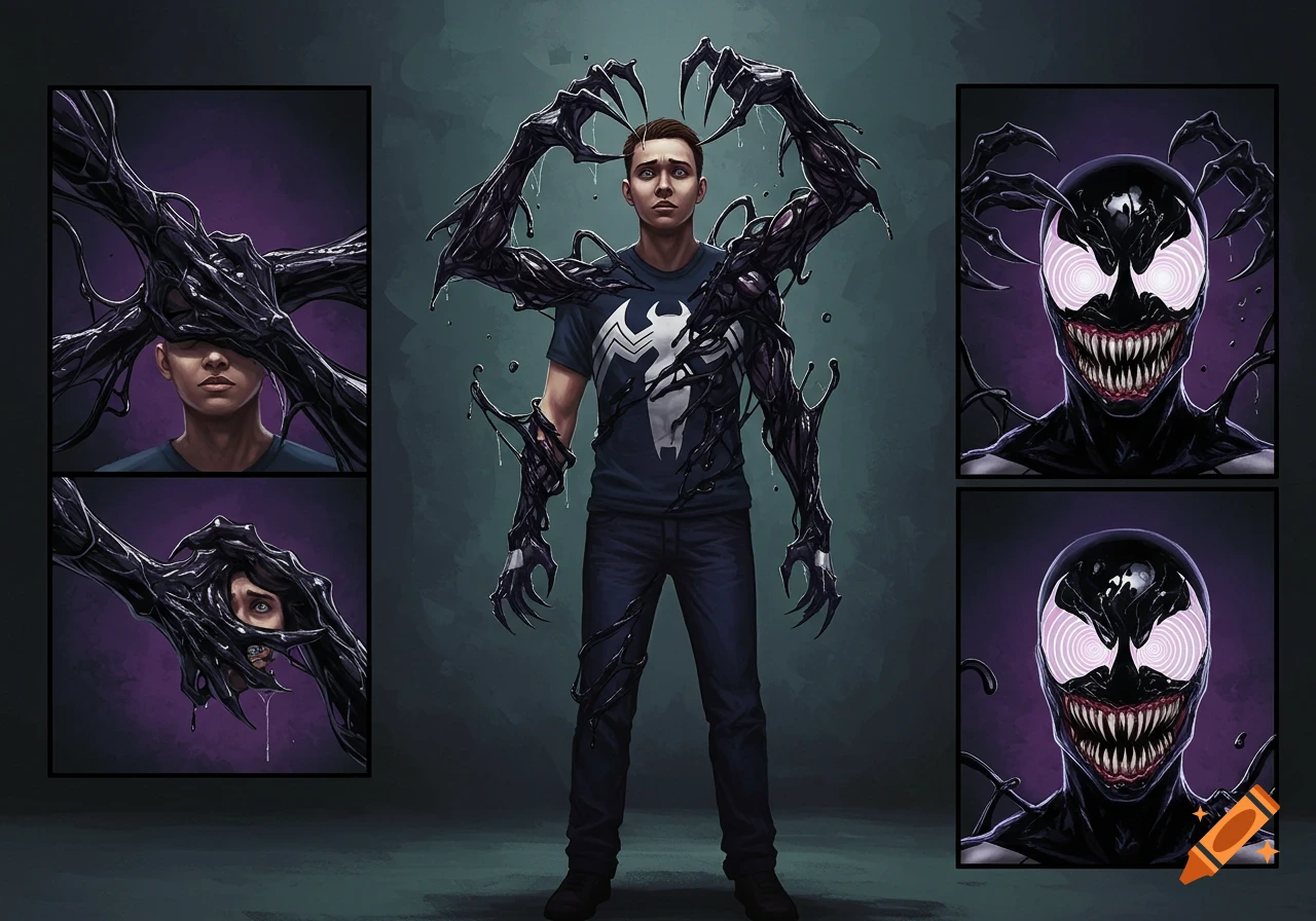 A comic art illustration of a man being consumed by the black Venom symbiote, with side panels showing close-ups of the symbiote.