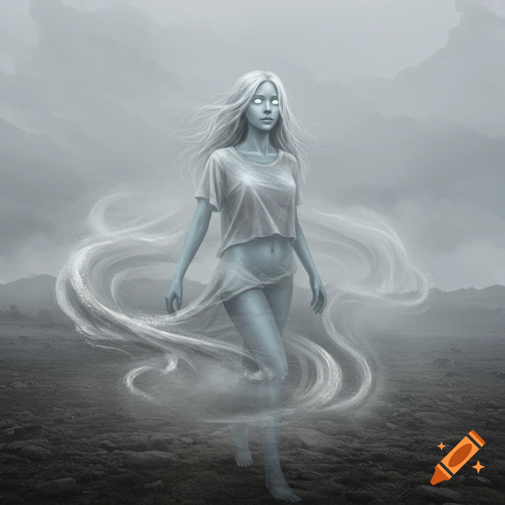 A ghostly woman with long white hair and glowing eyes walks through a misty, desolate landscape, surrounded by swirling white energy.