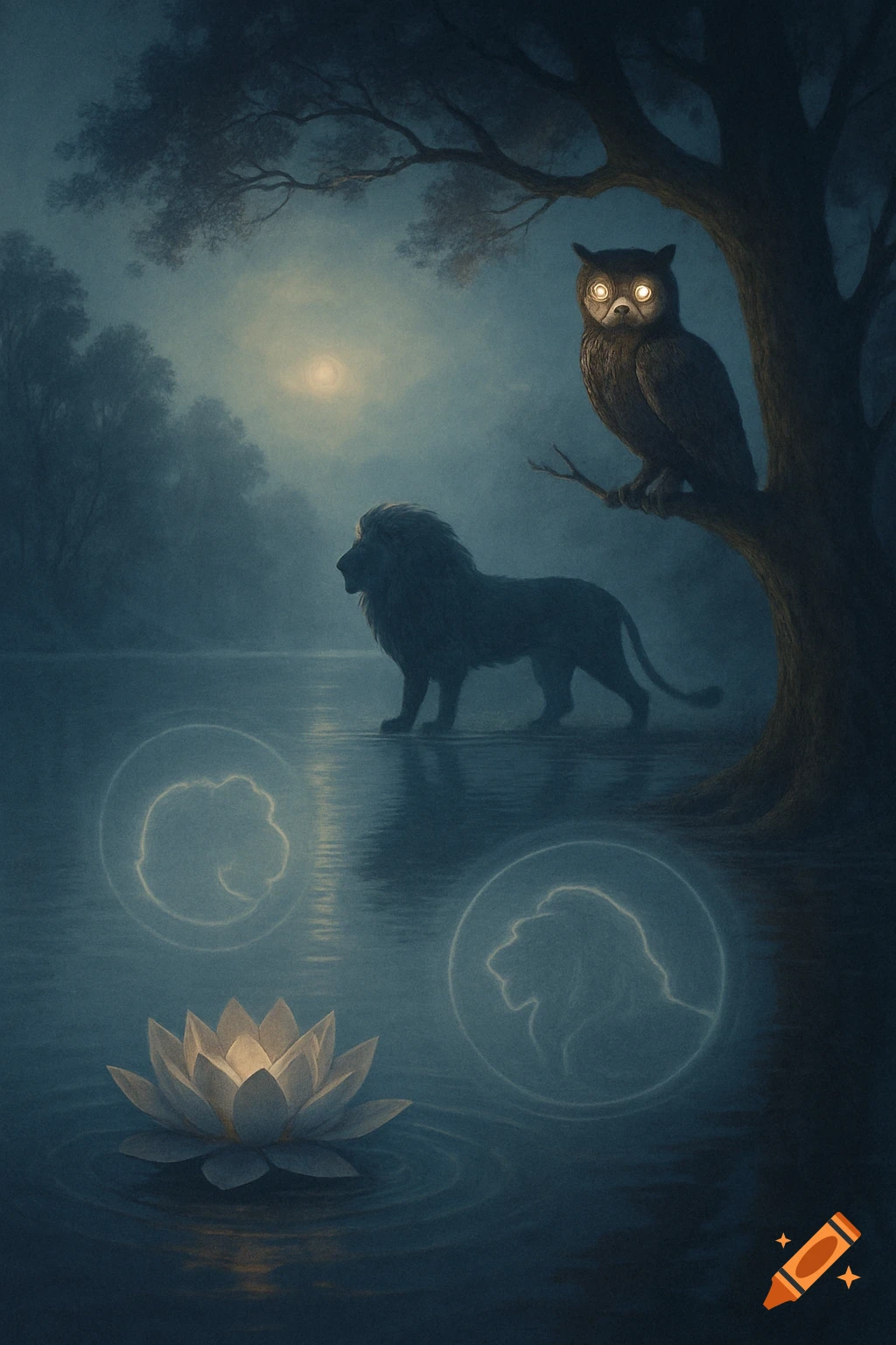 A moonlit fantasy scene with a glowing-eyed owl on a tree branch, a lion in water, a luminous lotus, and abstract symbols.